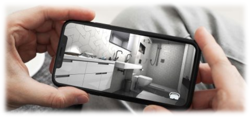 Smartphone mit fotorealistischer 3D-Raumplanung eines Badezimmers.