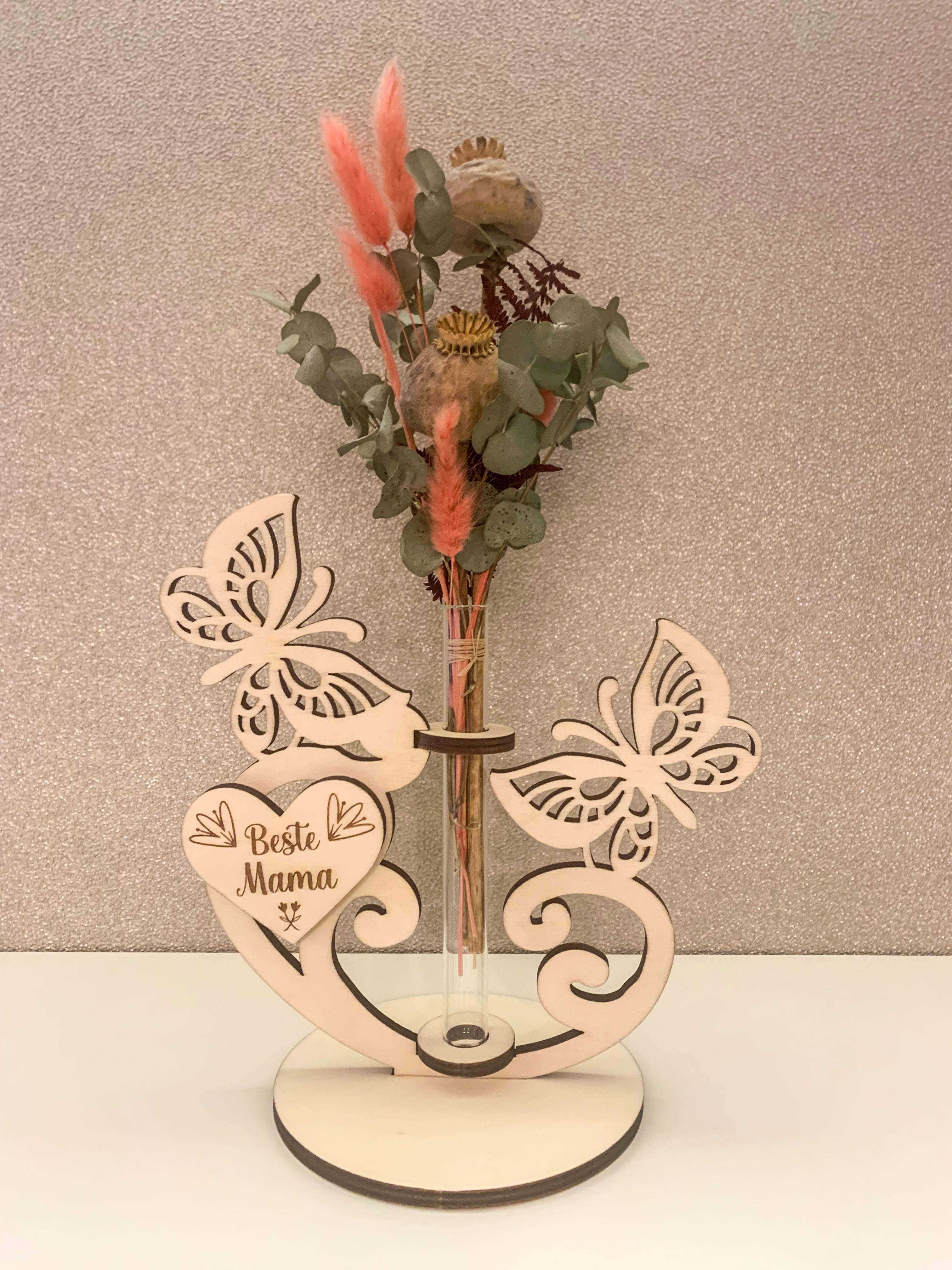 Holzvase "Schmetterling" mit Trockenblumen | Personalisierung möglich