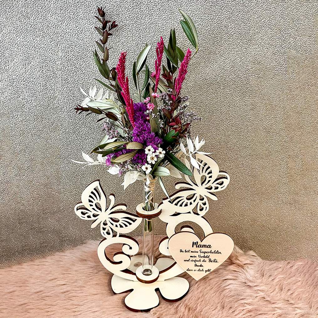 Holzvase "Schmetterling" mit Trockenblumen | Personalisierung möglich