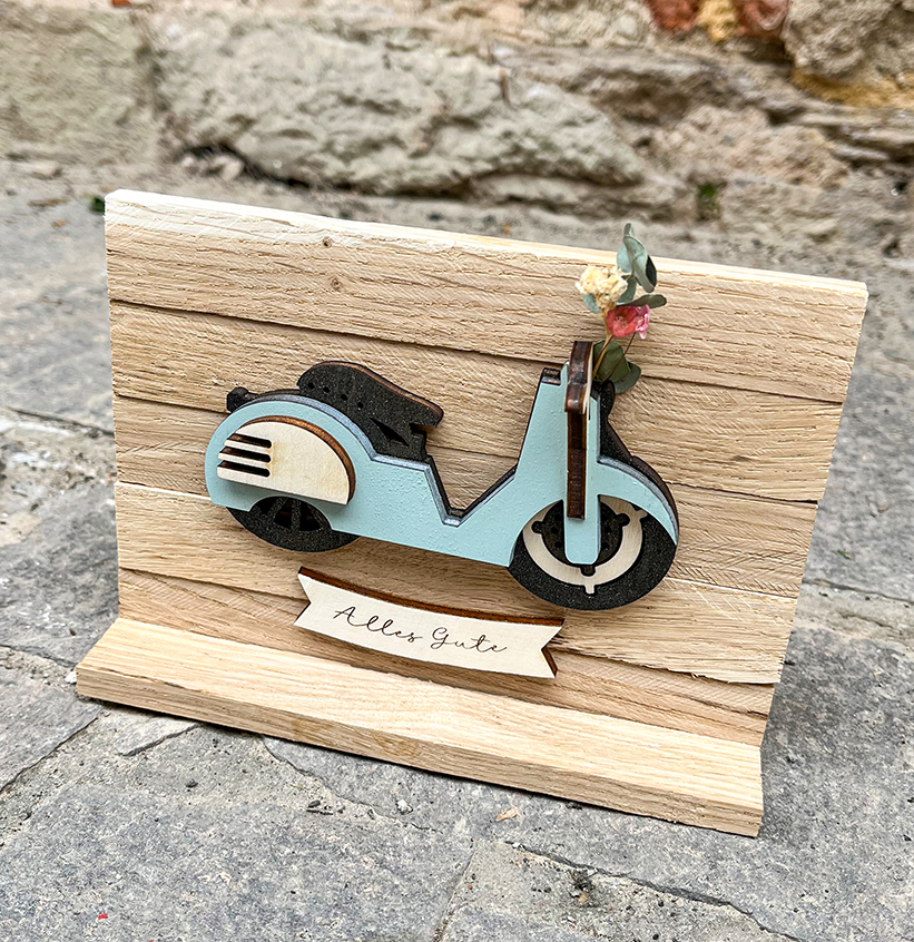 Holzbild "Motorroller" 3D mit Trockenblumen | Personalisierbar | Verschiedene Farben