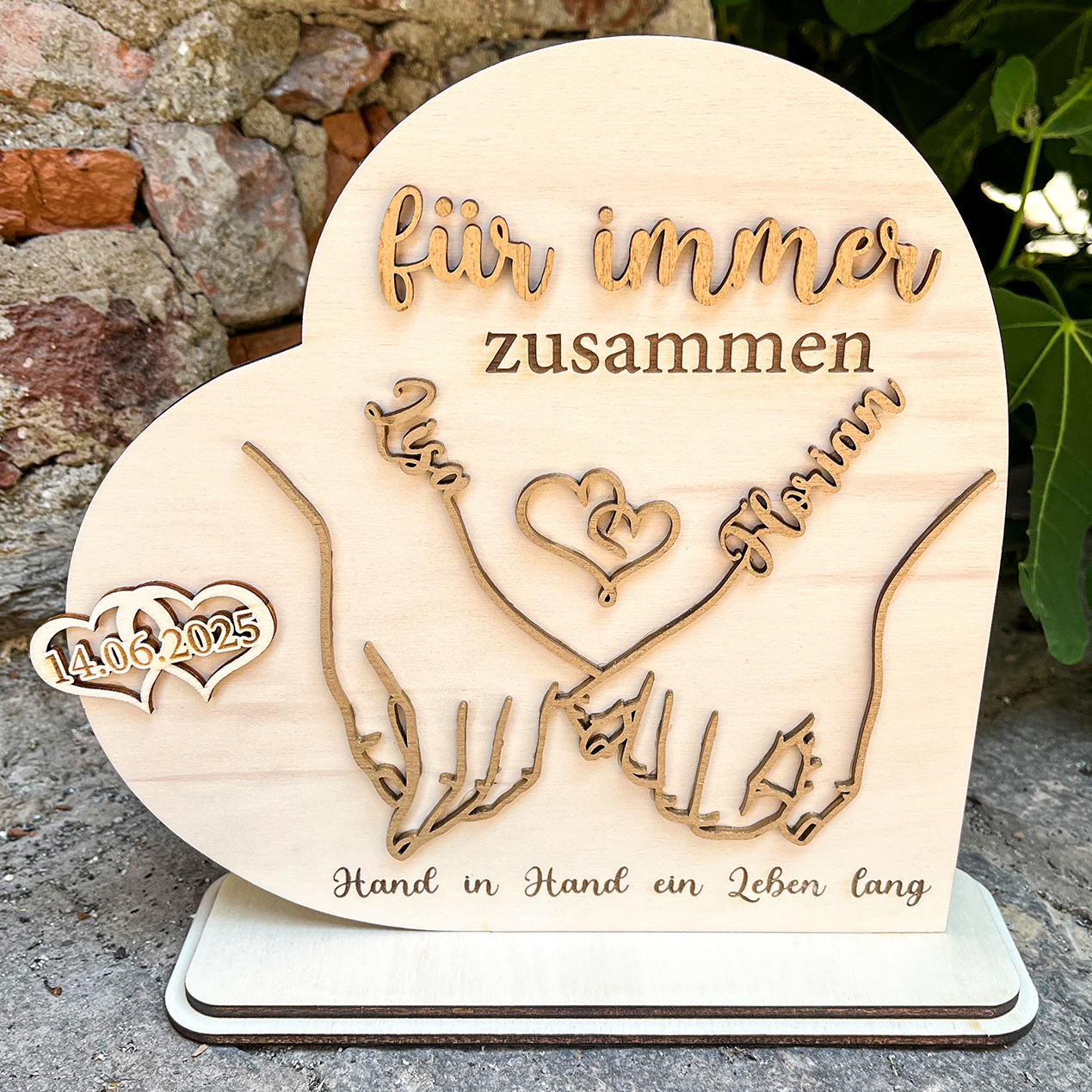 Holz-Aufsteller "Für immer zusammen" | Personalisiert mit Namen und Datum | Hochzeit und Jahrestag