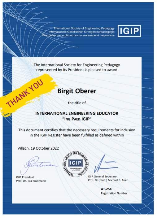ING.PAED.IGIP title awared to Prof. Dr. Birgit Oberer