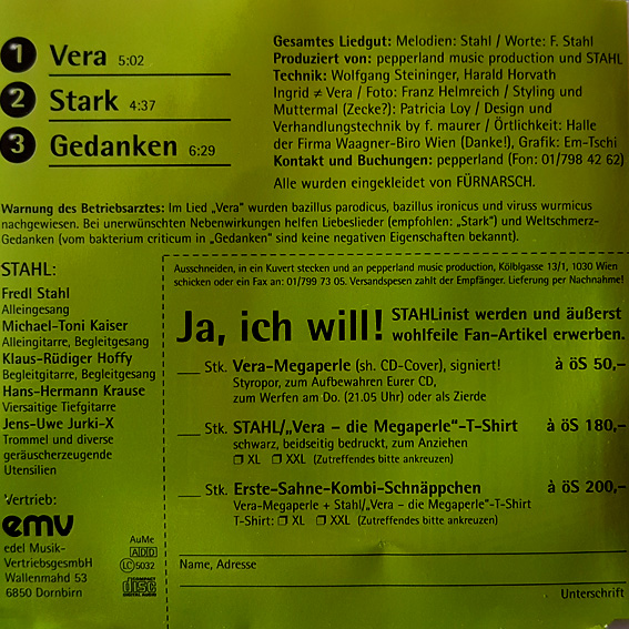 STAHL Maxi-CD VERA/STARK/GEDANKEN CD-Cover innen
