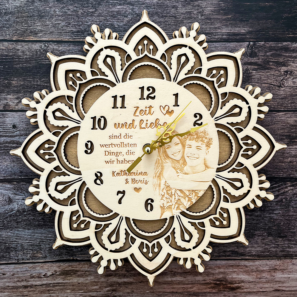 Holz-Uhr "Mandala" mit Foto und Wunschtext | 34,5 cm