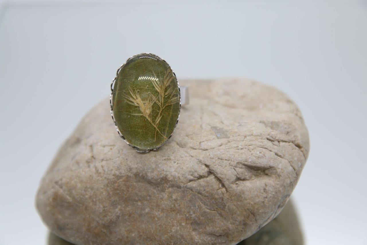 Ovaler Fingerring silber mit Birke und Wiesengras