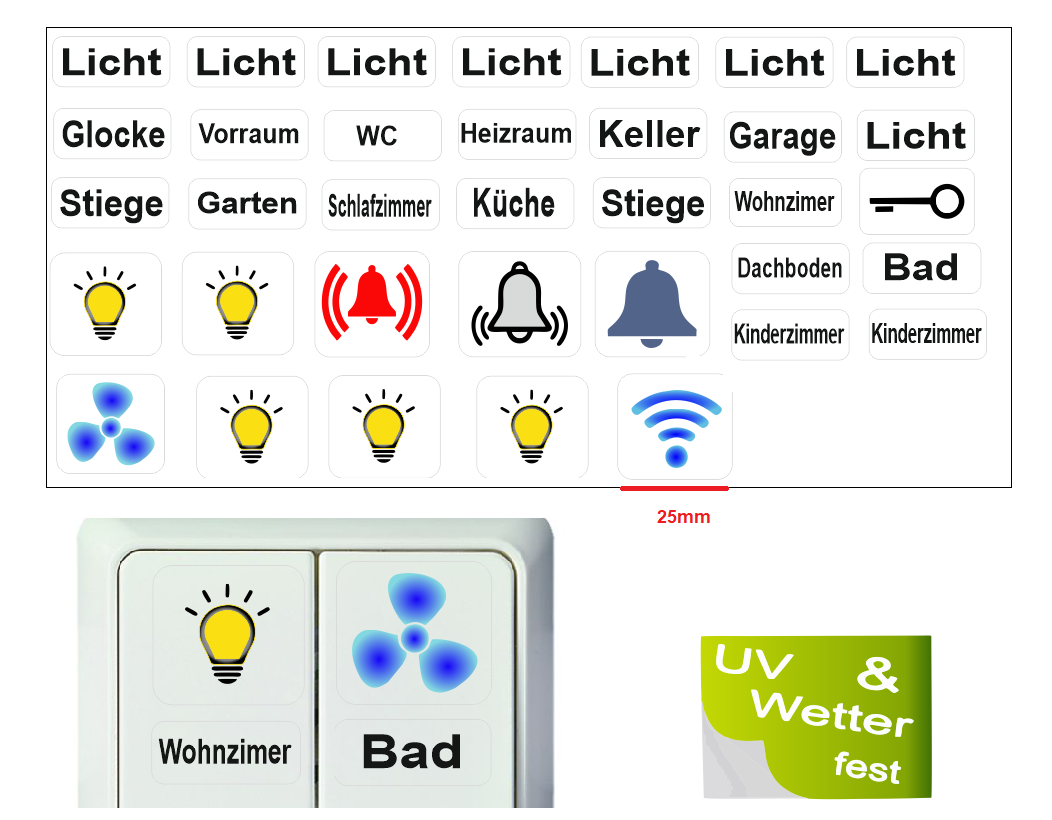 2 x Ventilator und 2 x Licht Symbol Aufkleber, Schalteraufkleber