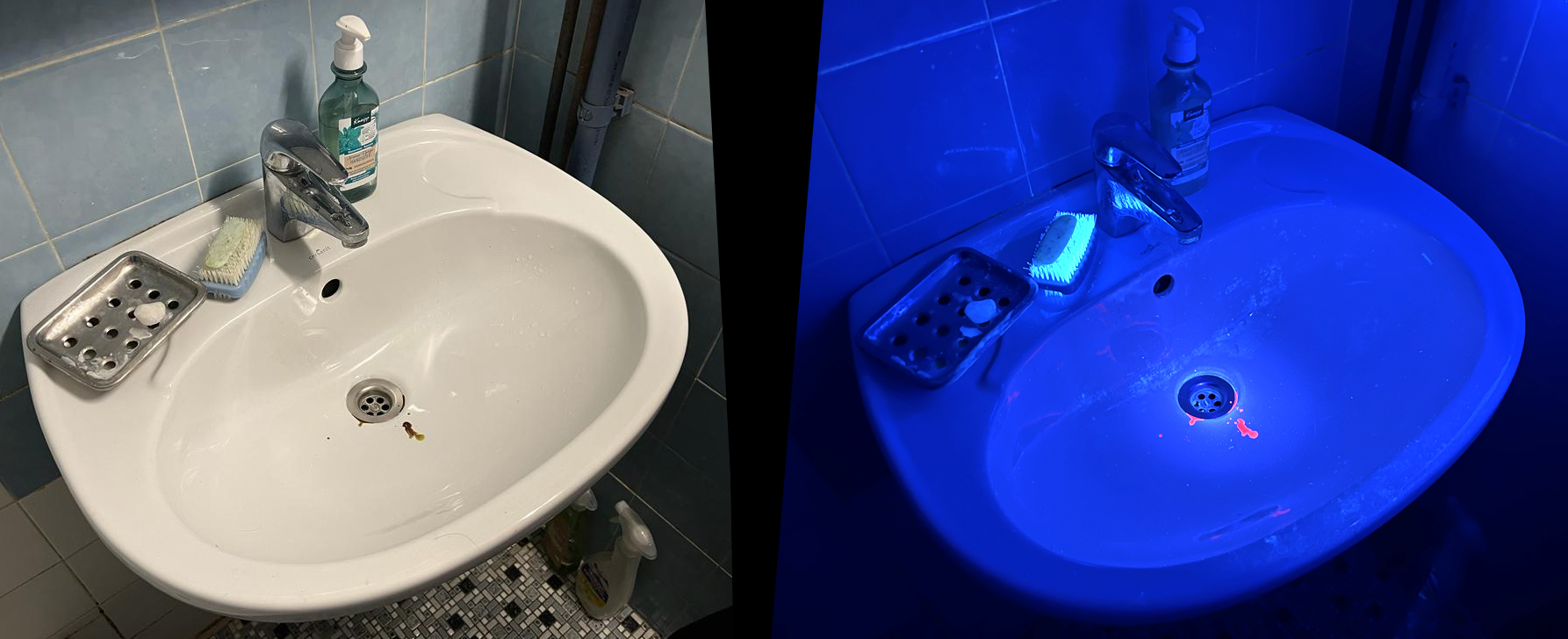 Color and UV light photo of bath sink