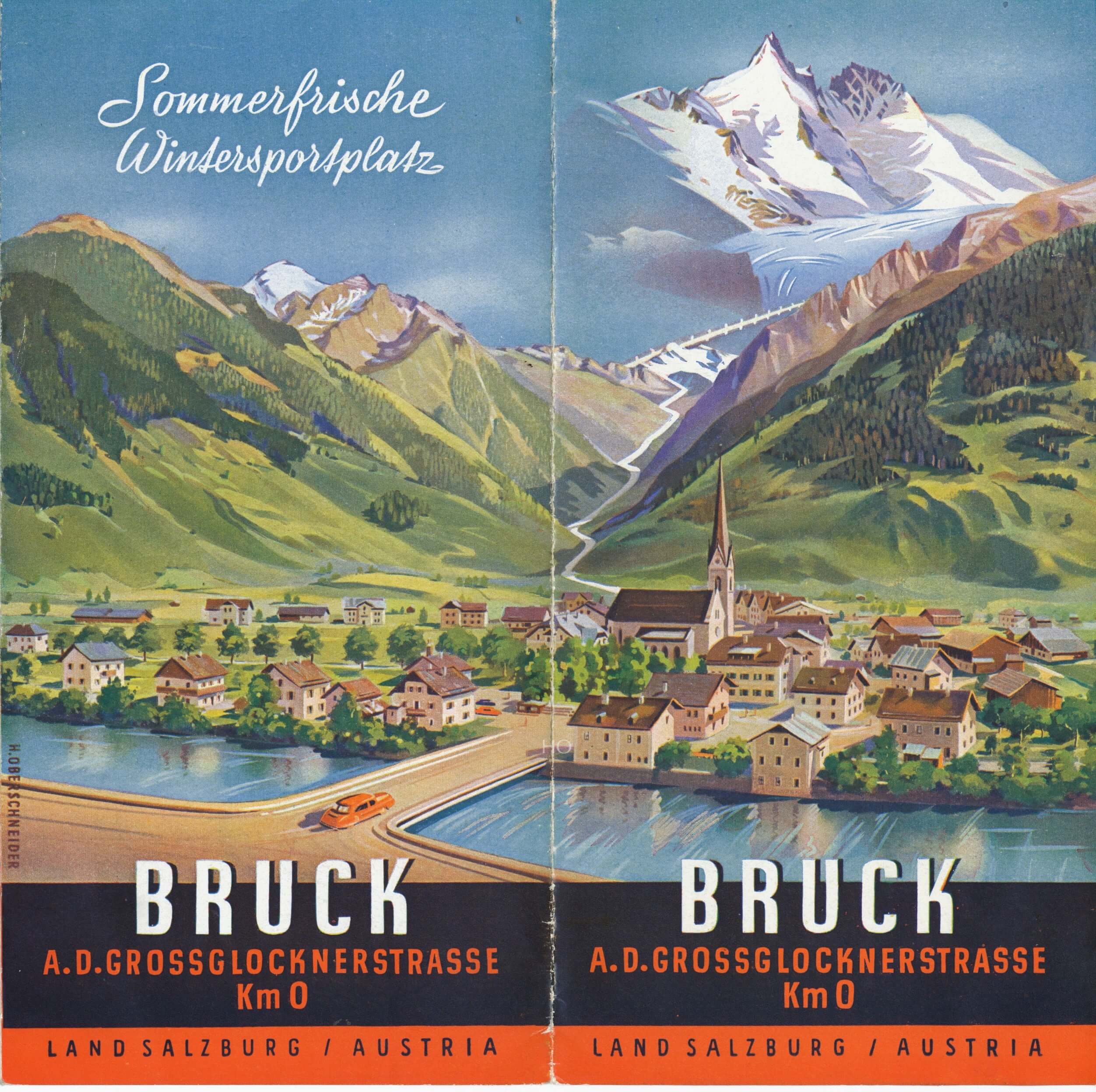 Gezeichnetes Titelbild vom Prospekt Bruck an der Glocknerstrasse von Hans Oberschneider