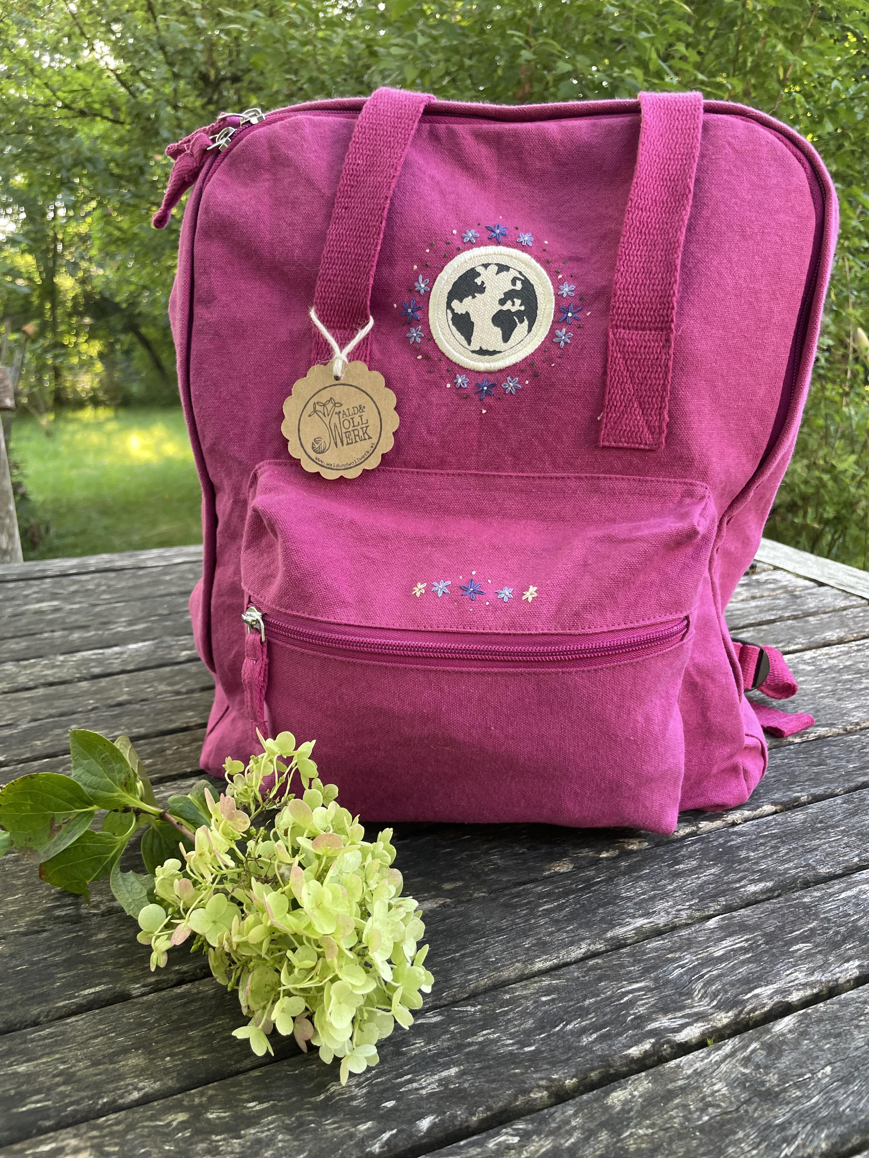Handbestickter Rucksack pink Blumenranke