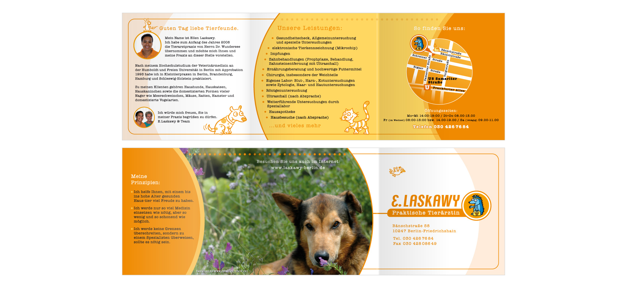 Illustriertes Igel-Logo und Hund, Katze, Vogel für Tierärztin Laskawy