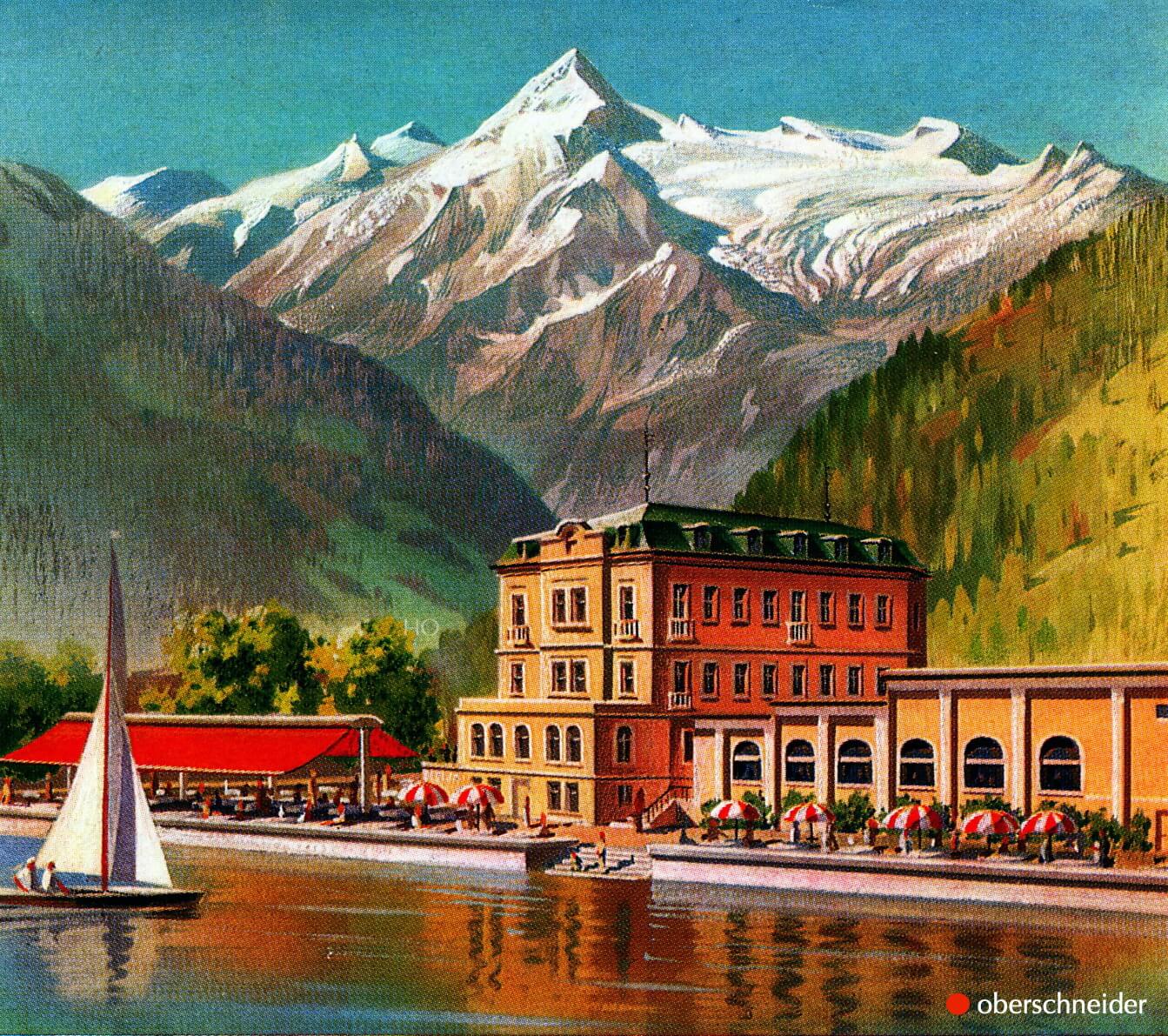Zeichnung vom Seehotel Zauner und dem Kitzsteinhorn in Zell am See von Hans Oberschneider