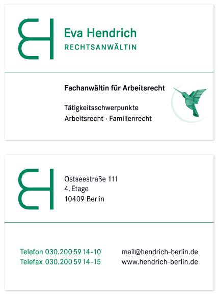 Visitenkarten Eva Hendrich · Rechtsanwältin · Berlin
