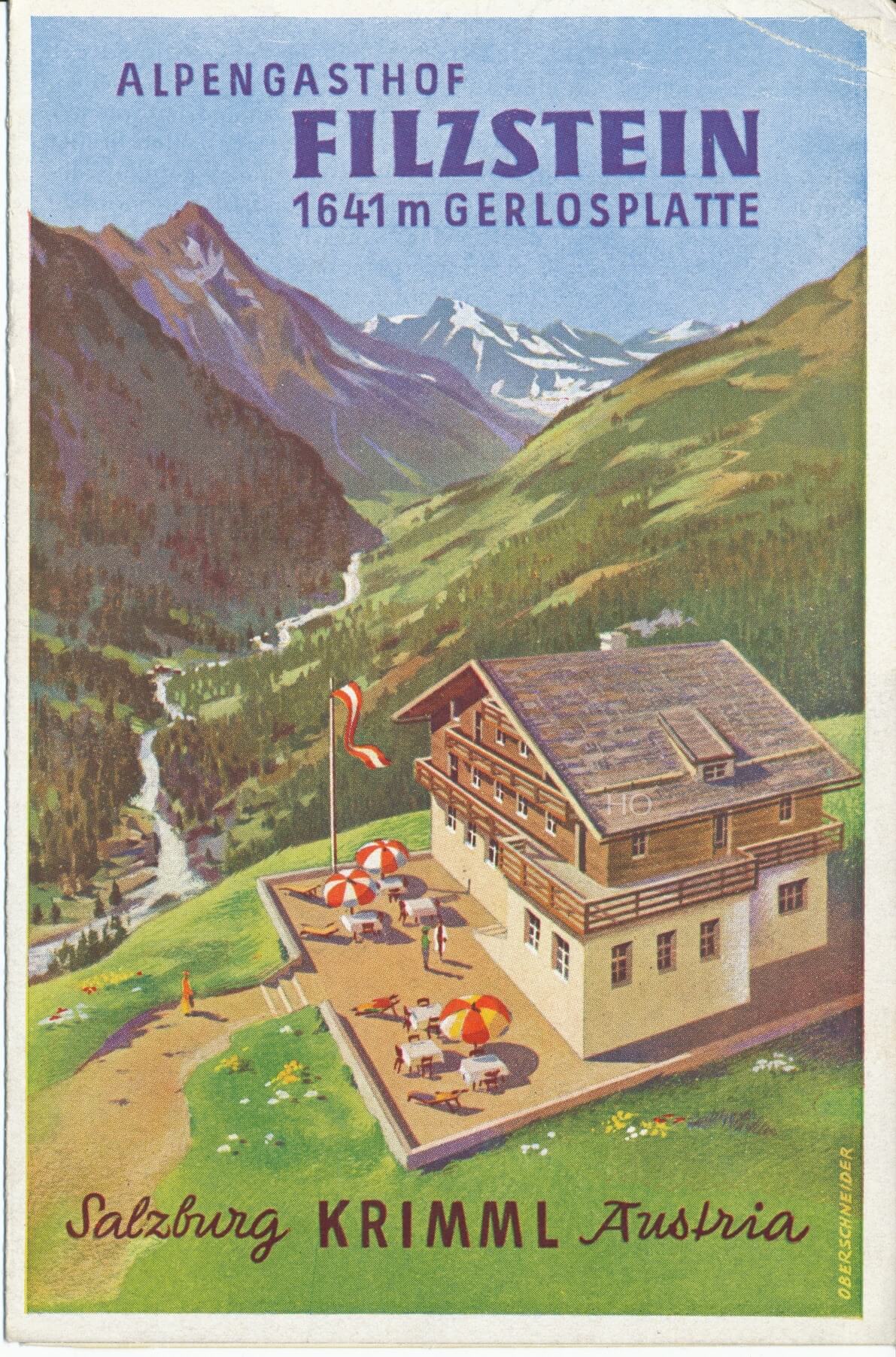 Gezeichnetes Titelbild vom Sommerprospekt Alpengasthof Filzstein in Krimml von Hans Oberschneider