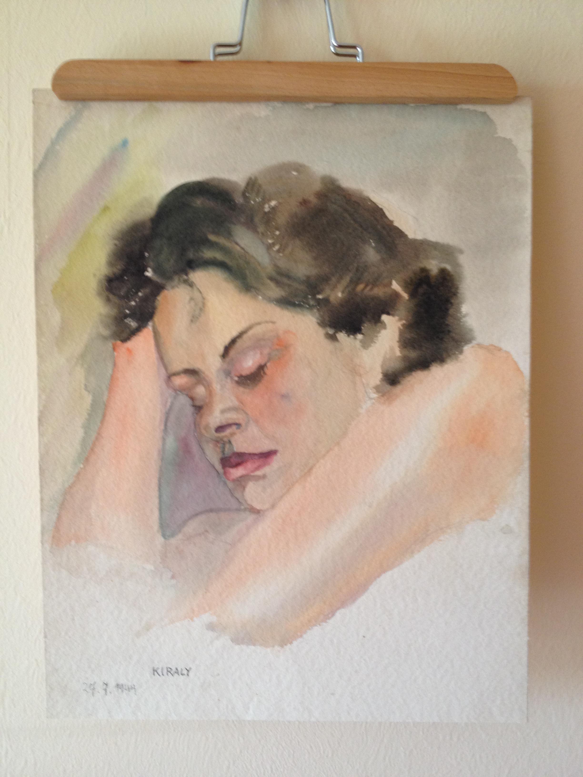 Sehr schönes Portrait einer schlafenden Frau, signiert und datiert, Blattgröße 28,5 x 36,5 cm