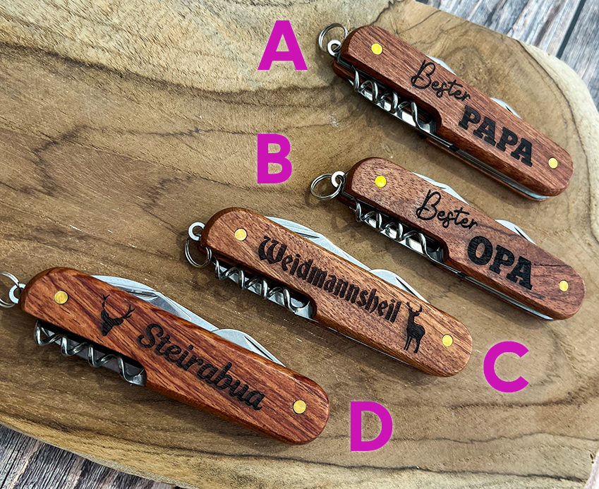 Taschenmesser mit Wunschgravur | 5 verschiedene Funktionen | Holz und Edelstahl