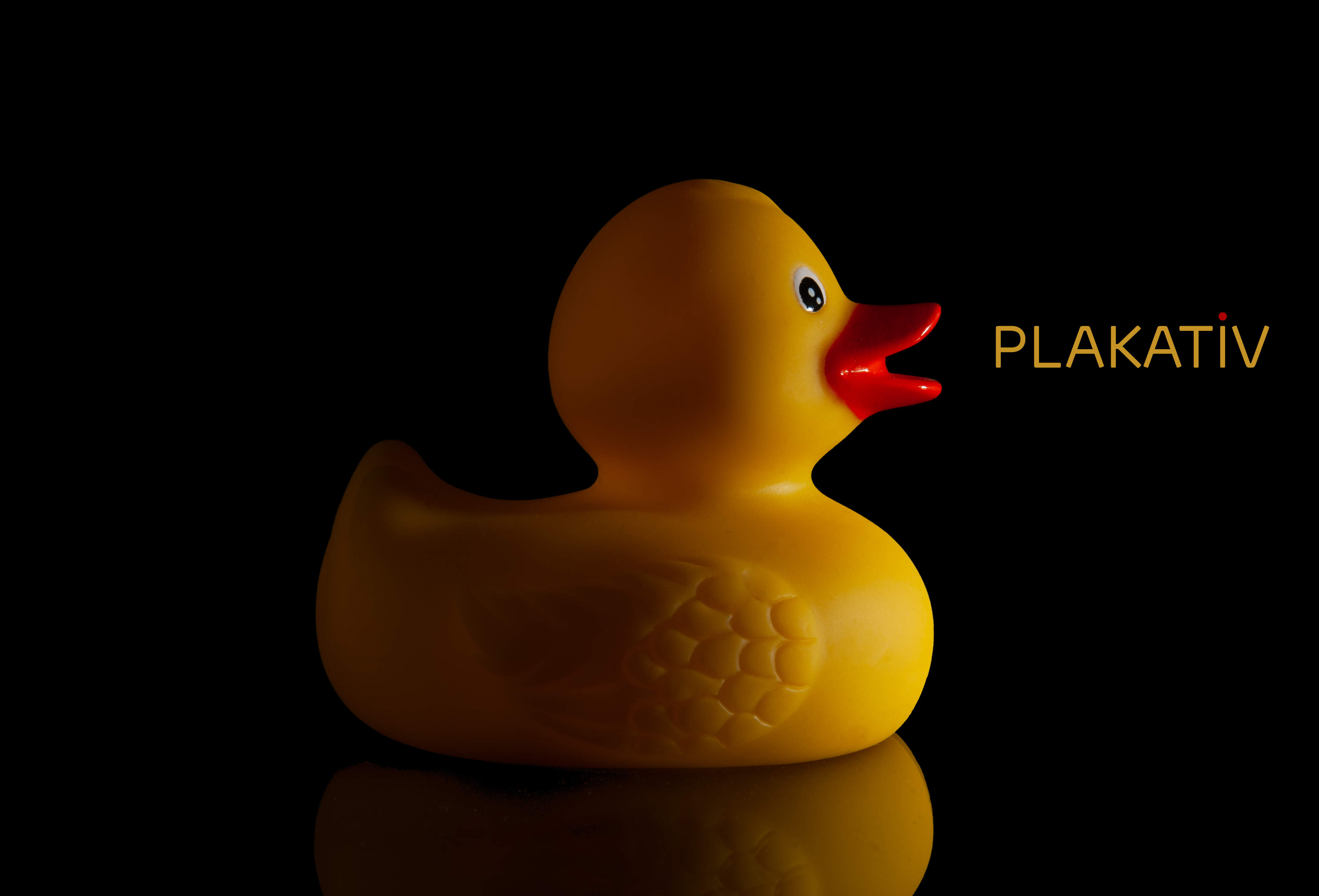 Eine Gelbe Gummi Ente davor das Wort Plakativ mit Farben die aus der Gummiente  stammen ropefoto.at